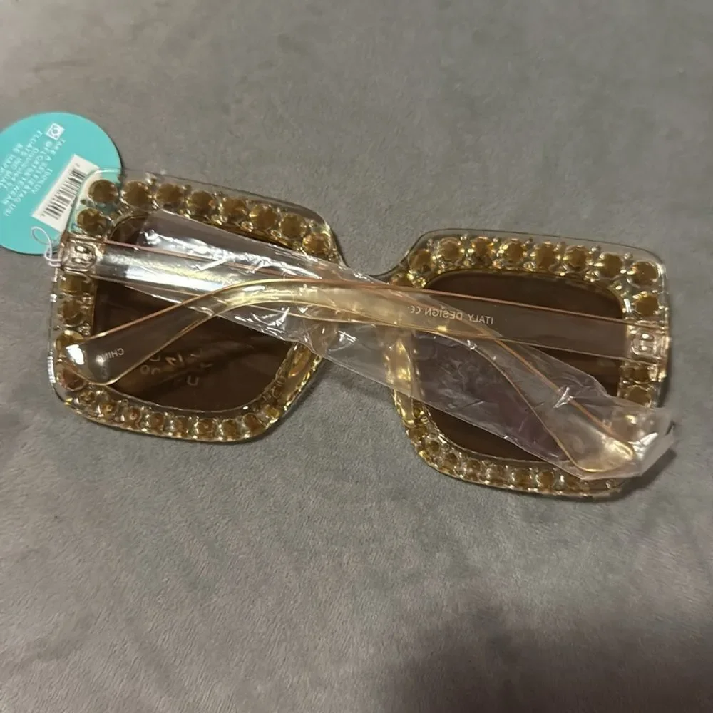 EGO Brown Glamorous Sunglasses with Crystal Details Large Rectangle Frame NWT